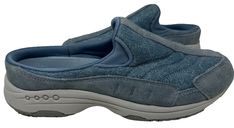 Step out in style with these Easy Spirit Women's Settime Classic Mules in Denim Blue/Shimmer. These slip-on mules feature a closed toe design and a low heel for added comfort. The leather and textile upper material, along with the polyester lining material, make these mules breathable and suitable for all seasons. The outsole is made of high-quality rubber and the insole is made of foam, providing arch support and cushioning. With its classic design and versatile color, these mules are perfect for casual occasions. With the Easy Spirit brand, you can trust that you're getting a high-quality product that will last. Get these casual mules today and step up your fashion game without talking about their "condition." ***These shoes are overstock items that were not sold in retail stores. They a Easy Spirit, Slip On Mules, Retail Stores, Toe Designs, Denim Blue, Arch Support, Low Heels, All Seasons, Fashion Games