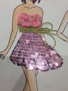 a drawing of a woman wearing a pink dress with sequins on the skirt