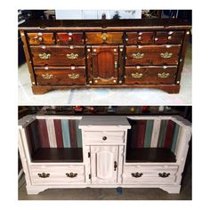 before and after photos of an old dresser turned into a sideboard with wood doors