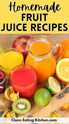 homemade fruit juice recipe with oranges, kiwis and apples on the side