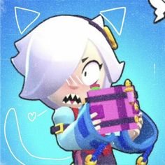 an image of a cartoon character holding a purple box with teeth and fangs on it