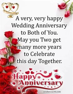 a wedding anniversary card with roses and two hearts on the front, says happy anniversary