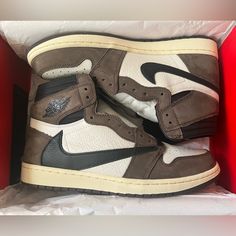 Brand New, Never Worn With Original Box And Laces J1 Travis Scott, Travis Scott Mocha, Jordan Travis Scott, Air Jordan Retro 1, Shoes Aesthetic, Jordan Retro 1, Boys Style, Mocha Color, Jordan 1s