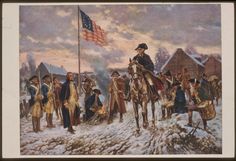 an image of a painting of men on horses in the snow with one man holding a flag