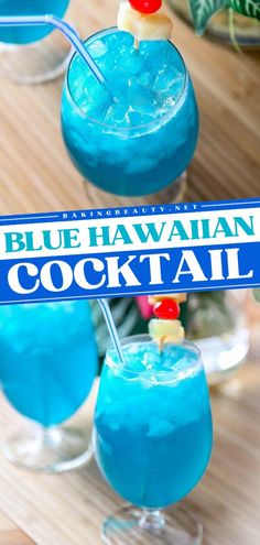 two blue hawaiian cocktails with pineapple garnish on the rim, and a sign that says blue hawaiian cocktail