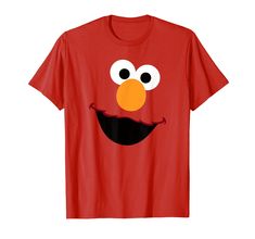 a red sesame face t - shirt with big eyes and an orange beak on it