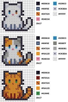 a cross stitch pattern with cats in different colors and sizes, including the cat's head