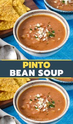 three bowls of pinto bean soup with tortilla chips on the side and text overlay