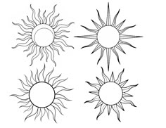 three sun drawings with different shapes and sizes