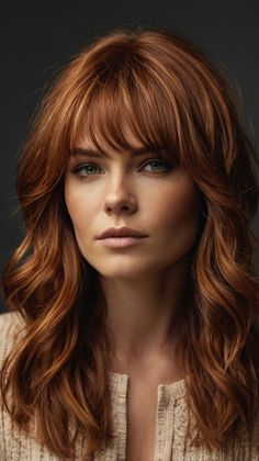 Trendy Fall Hair Colors Copper Highlights on Side-Swept Bangs for Autumn 🍂 Copper Hair On Dark Hair, Copper Highlights On Dark Hair, Classic Ponytail, Trendy Fall Hair Color, Copper Highlights