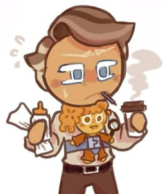 an image of a man with glasses holding a coffee cup and a toy in his hand