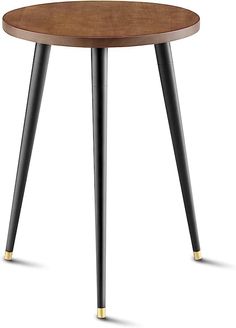 a round wooden table with black legs and gold accents on the top, against a white background