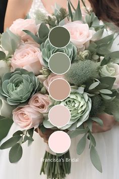 a bride holding a bouquet with pink roses and succulents in shades of green