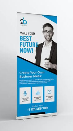 a blue roll up banner with an image of a man in business attire on it