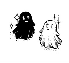 two black and white ghost illustrations on a white background