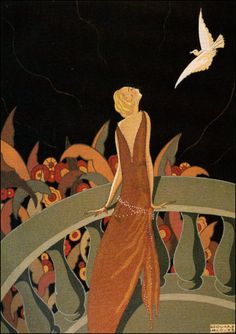 a painting of a woman standing in front of a crowd of people with a bird flying above her