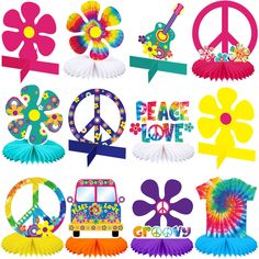 colorful peace signs, flowers, and paper fans