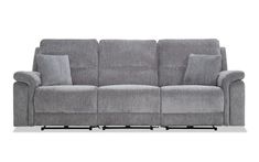 the reclining sofa is shown in grey fabric