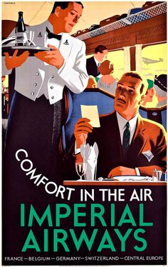 an advertisement for the imperial airways shows two men at a table, one holding a tray and