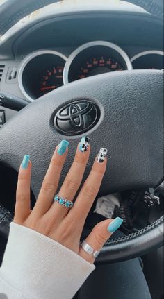 Turquoise Nails With Cow Print, Nails For Nashville Vacation, Western Nails Orange And Teal, Nails Acrylic Short Cow Print, Turquoise Nails Western Cow Print, Cow Print Nails With Blue, Summer Western Nails Short, Sage Green Cow Print Nails