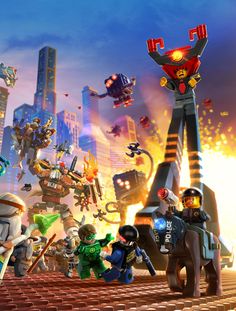 the lego movie poster is shown with many characters in front of an exploding cityscape