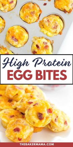 an egg muffin with bacon on top and the words high protein egg bites above it