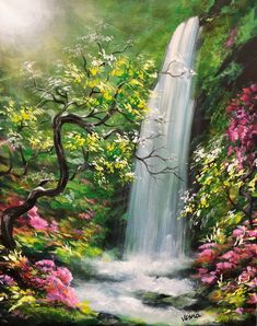 a painting of a waterfall surrounded by trees and flowers