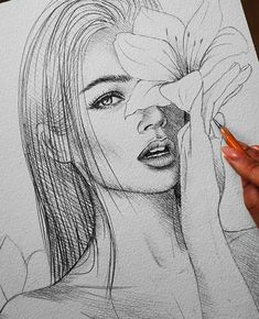 a pencil drawing of a woman's face with her hands on her head and hand holding