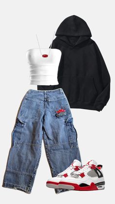 Baggy Jeans And Jordans Outfit, Teen Baggy Outfits, Outfits Aesthetic Baggy, Baggy Outfits Aesthetic, Red Jordan 1 Outfit, Baggy Clothes Outfit Aesthetic, Baggy Jeans Outfit Aesthetic, Baggy Aesthetic, Street Style Outfits Casual