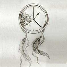 a drawing of a clock with feathers on it