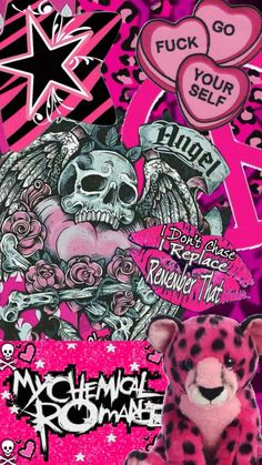 a pink teddy bear with skulls and hearts on it's chest, surrounded by other stickers