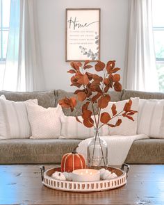 a living room with a couch, coffee table and vase filled with leaves on it