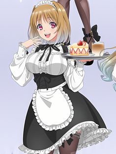 a woman in an apron holding a cake