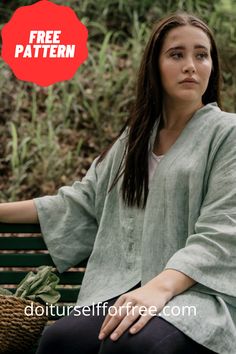 a woman sitting on a bench with her arms crossed and the words free pattern above her