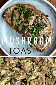 mushroom toast on a blue plate with the words mushrooms toast in white letters above it