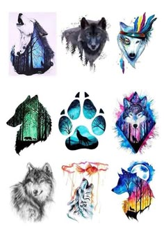 the wolfs are all different colors and designs