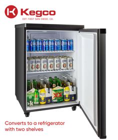 an open refrigerator with drinks in it and the words kegco written on top