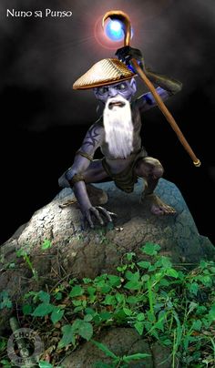 an image of a man with a long white beard holding a staff on top of a rock