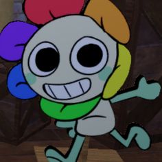 an animated image of a cartoon character with three colors on his head and arms, smiling