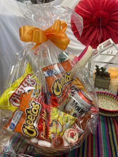 a basket filled with candy and candies on top of a table