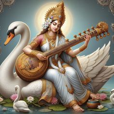 a woman sitting on top of a white swan holding a guitar in her hands and two swans around her