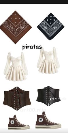 four different types of clothes and shoes with the words pirates written on them in black