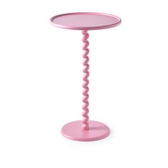 a pink side table with a spiral design on the top and bottom, standing upright against a white background