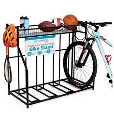 a bike rack with various sports items on it