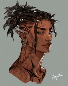 a drawing of a woman with dreadlocks on her head and ear piercings