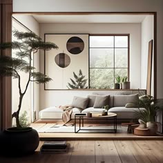 a living room filled with furniture and potted plants on top of a hard wood floor