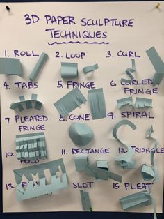 a white board with some cut out pieces of paper on it and instructions for how to make 3d paper sculpture techniques