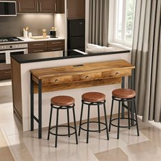 a kitchen island with three stools in front of it