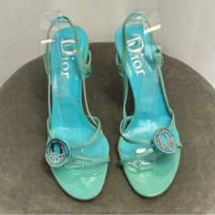 Dior Vintage Blue Patent Strappy Slingback Medallion Open Toe High Heels Sz 39 Authentic Rare! Comes With Dust Bags. No Box. Excellent Used Condition. Only Worn Once To A Wedding. Elastic Band On The Slingback Portion. Silvertone Logo Hardware In A Circle Medallion Perfect For Christmas Party, Wedding Guest, New Year’s Eve, Valentine’s Day, Vegas, Clubwear, Formal Events, Date Night, Cocktail Party Or Any Other Special Occasion. May Be Slight Difference In Colour Due To Lighting. Measurements Ar Dior Heels, Princess Heels, Bright Heels, Heels Aesthetic, Cute Shoes Heels, Dior Vintage, Open Toe High Heels, Vintage Heels, Fancy Shoes