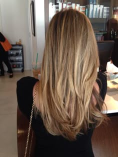 Natural honey blonde. Perfect for me and have the bottom into more of a v shape! Blonde Hair Colour Shades, Honey Blonde Hair Color, Honey Blonde Hair, Hair Color Shades, Brown Blonde Hair